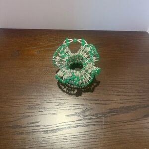 Vintage Mid Century Safety Pin Basket and Beads Green and clear‎